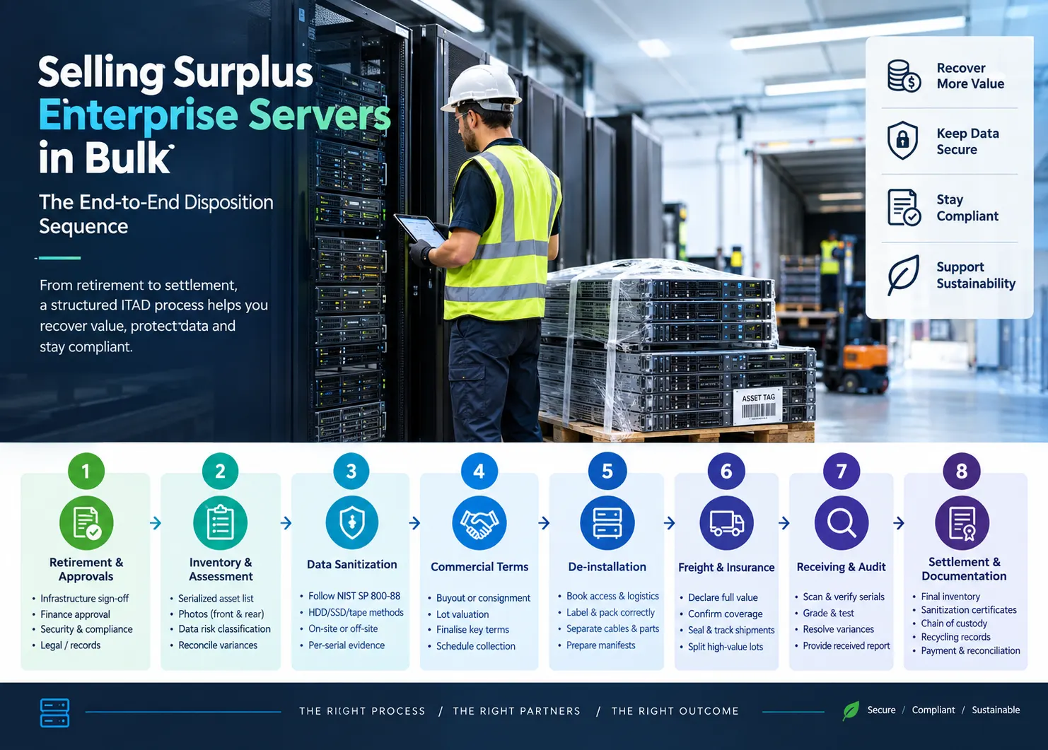 Enterprise servers are shown in a data center during bulk disposition, with a technician inspecting equipment and palletized servers. An eight-stage process covers retirement, inventory, data sanitization, commercial terms, de-installation, freight, receiving, auditing, settlement, and documentation.